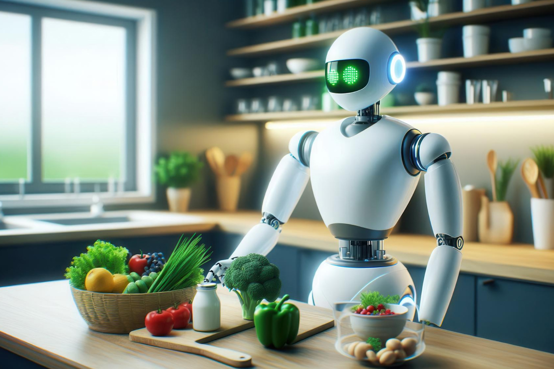 A futuristic robot in a modern kitchen, preparing a healthy meal, symbolizing the future of AI nutrition coaches.
