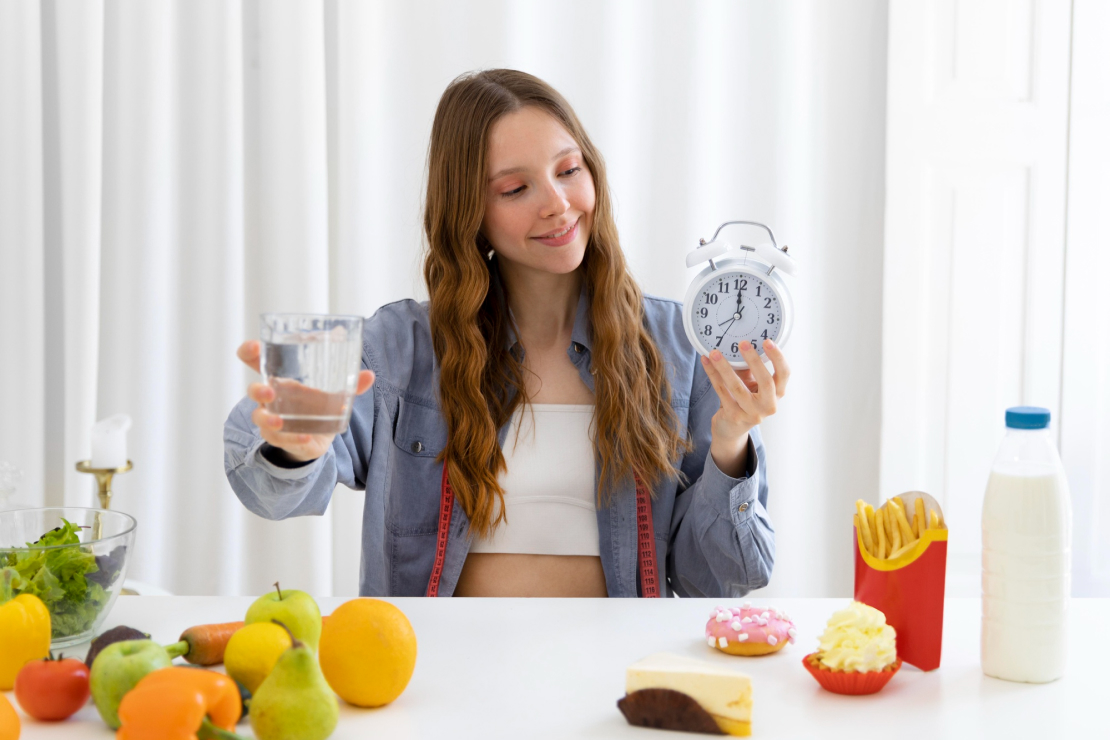 A woman holding a clock and a glass of water, with healthy and unhealthy food choices on the table, symbolizing meal timing decisions.