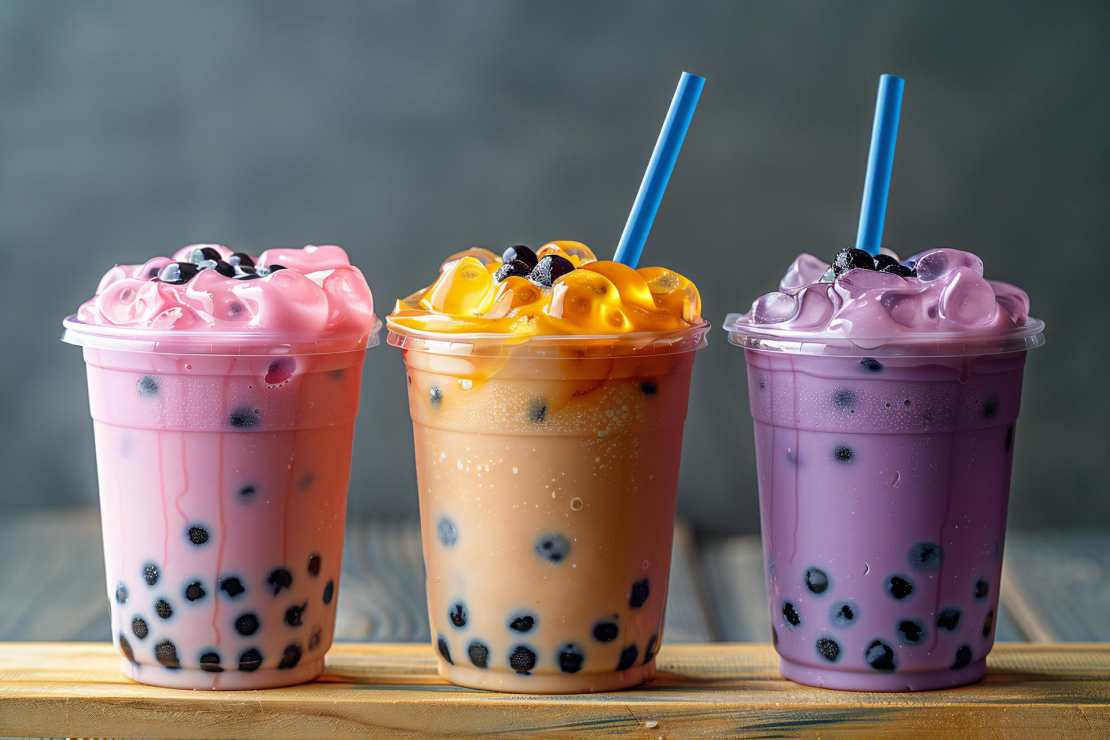 Colorful bubble tea drinks with tapioca pearls, symbolizing a trendy beverage.