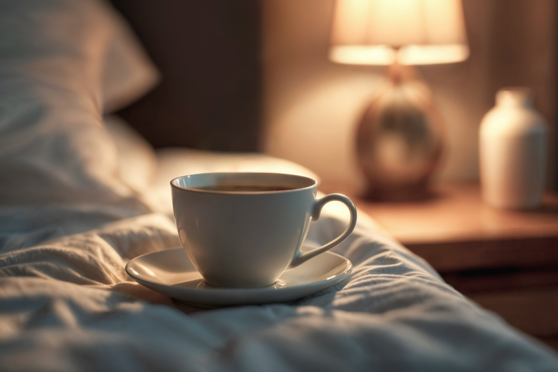 A cozy morning scene with a cup of coffee on a saucer resting on comfortable, soft bed linens, with a warm lamp in the background, symbolizing comfort and ritual.