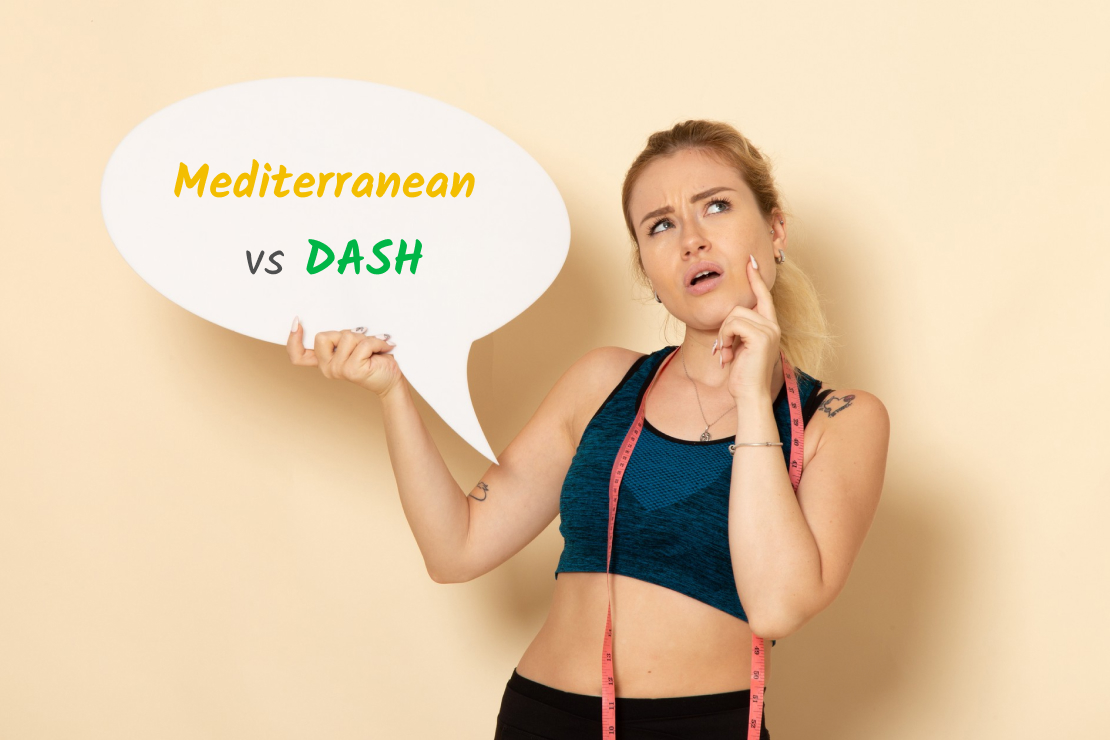 A woman contemplating between Mediterranean and DASH diet options for weight loss.