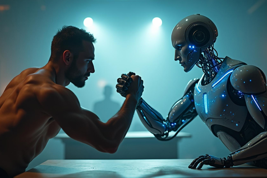 A man arm wrestling a robot, symbolizing the competition between human and AI trainers.