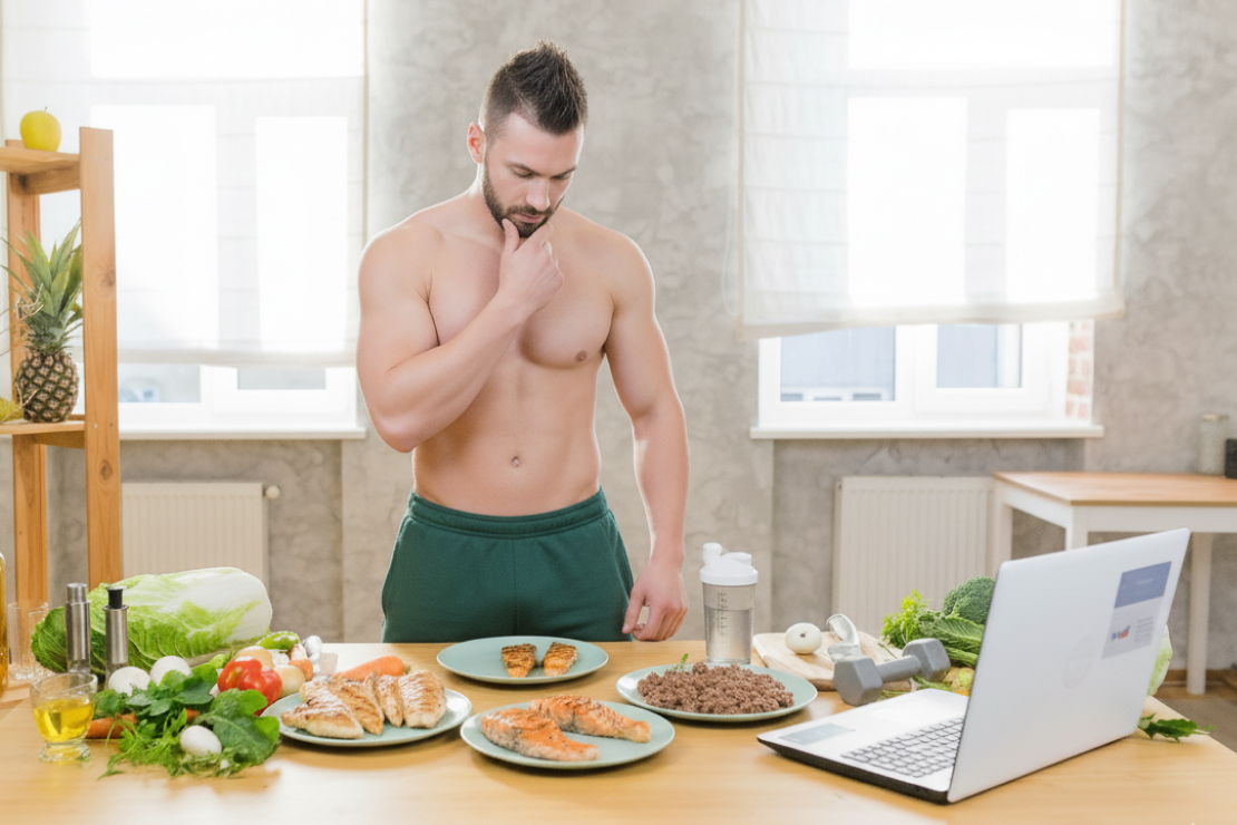 A muscular man contemplating plates of chicken breast, salmon, and lean ground beef, symbolizing a choice between protein sources for muscle growth.