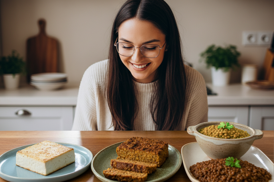 A vibrant display of tofu cubes, tempeh blocks, and a bowl of cooked lentils, representing diverse and powerful plant-based protein sources for vegans.